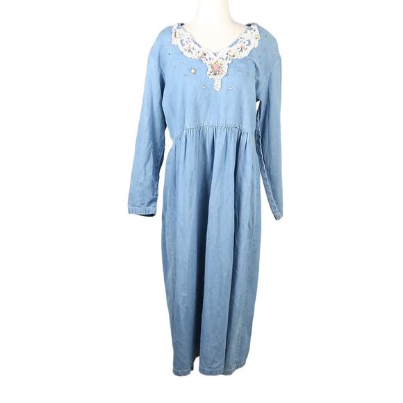 Vintage 80s blue denim cream crochet lace embellished midi dress M - Picture 1 of 5